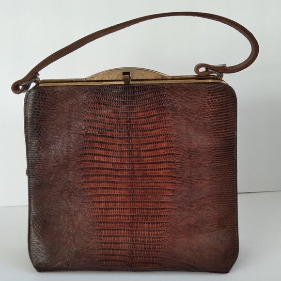 Vintage 1950's/60's Brown Lizard Structured Satchel Handbag - Picture 1 of 12